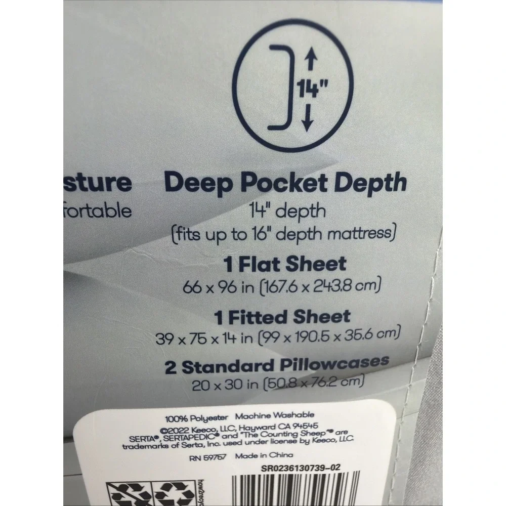 Serta Sertapedic Grey 4pc Twin Sheet Set So Soft Deep Pocket Boxer Hem Elastic